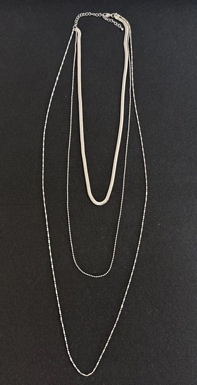 Silver tone Layered Necklace 3 Strand 17"